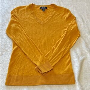 Lord & Taylor Extra Fine Merino Wool V-Neck Sweater Mustard Yellow Minimalist Sm